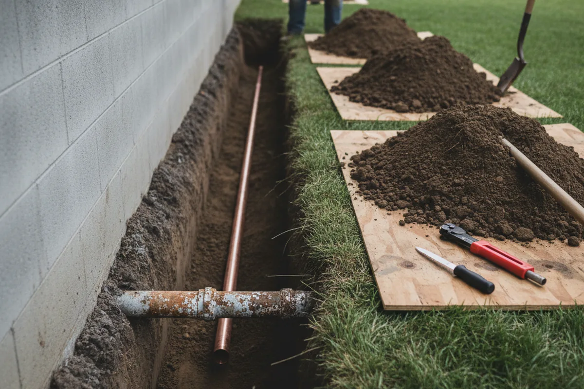 Excavated water line trench during Sewer Line Repair in Somerville